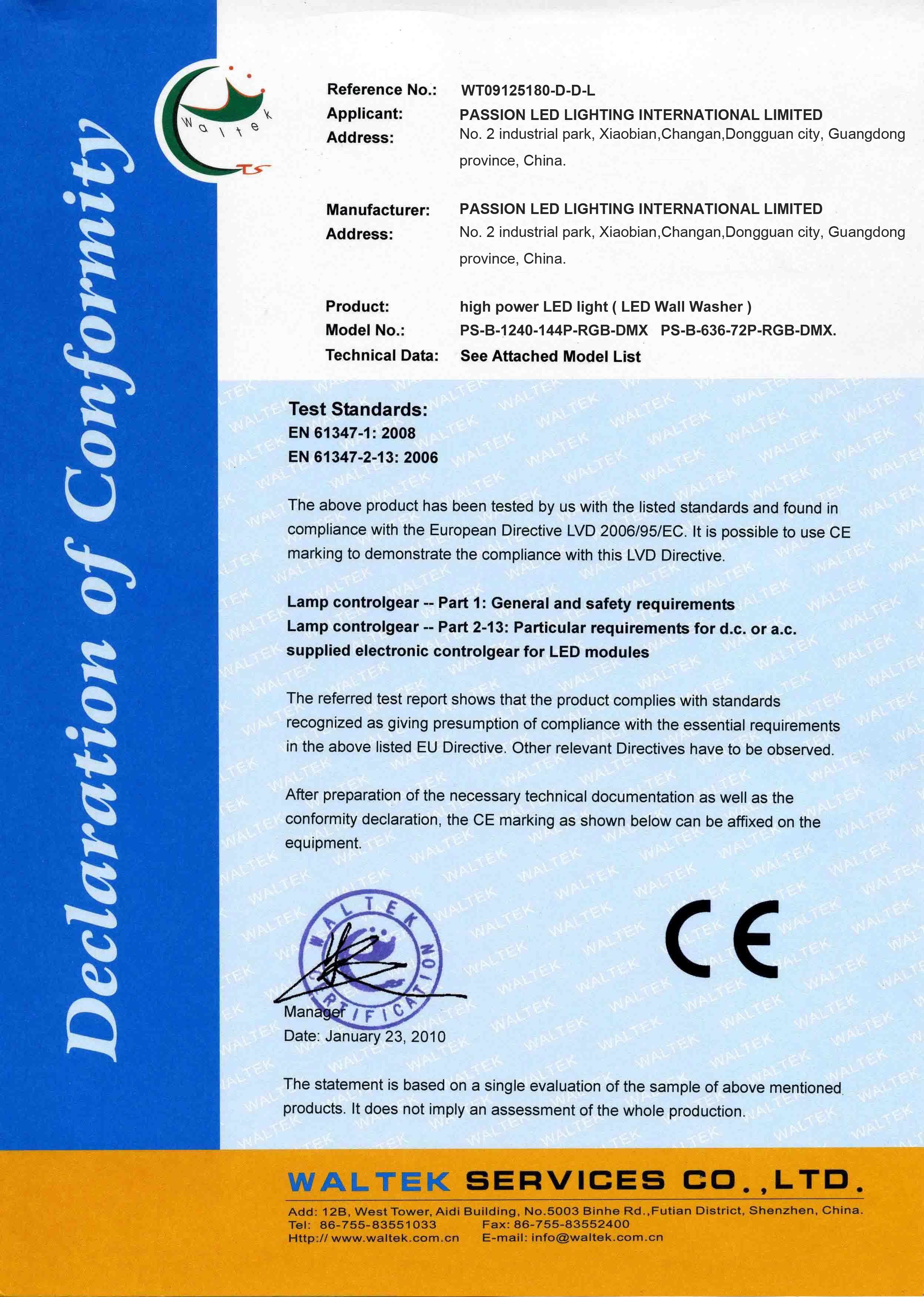 PASSION LED LIGHTING INTERNATIONAL LIMITED Certifications
