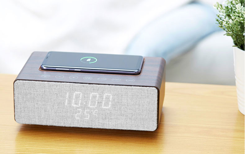 Wireless Charging Bluetooth Stereo Speakers Alarm Clock Room Temperature Display