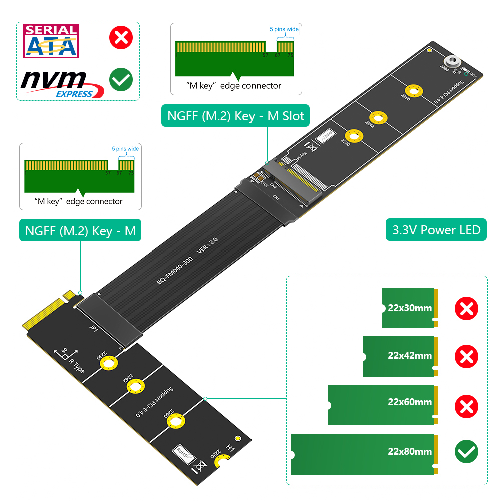 90 Degree M.2 NVMe SSD Extension Cable 30cm High Speed Data Transfer