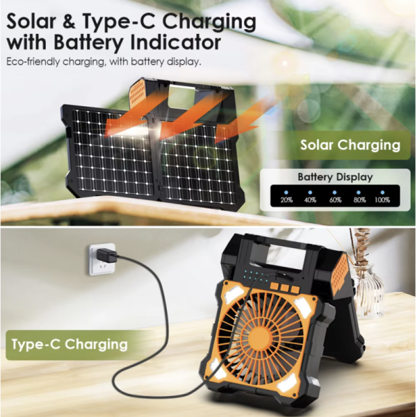 Solar folding camping fan showing compact folded design