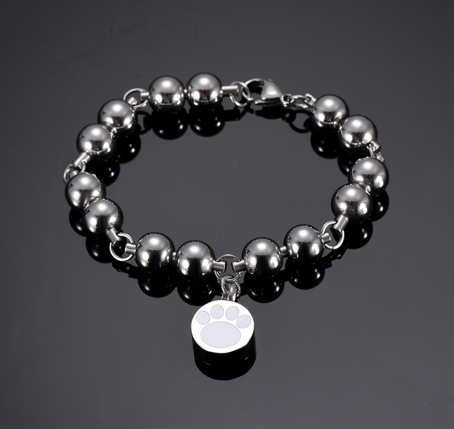 Stainless Steel Bead Chain Bracelet with Paw Print Charm Cremation Jewelry Bangles