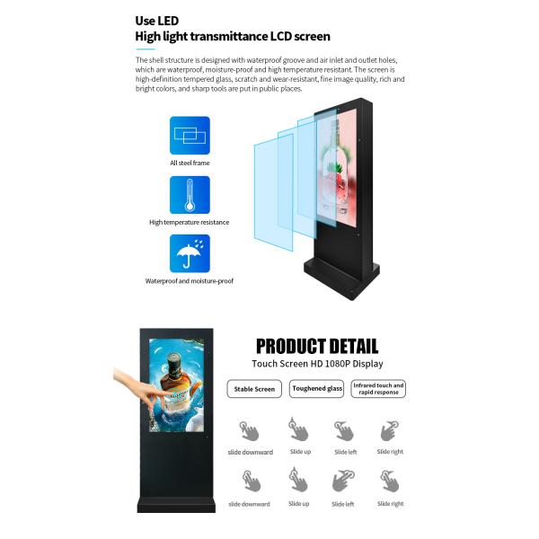 55" 2000nits High Brightness IP65 Waterproof Outdoor LCD Digital Signage Display Standee with Camera