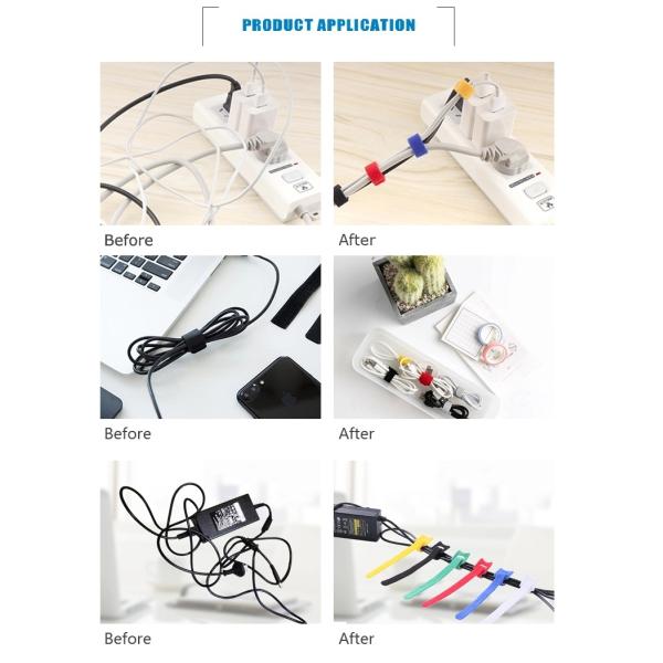 Multi-functional reusable durable adjustable hook and loop cable ties self locking black nylon cable tie
