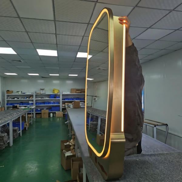 Kingstin Custom Smart LED Bathroom Mirror with Storage, Anti-Fog, Dimmable, Time Display, Gold Aluminum Frame