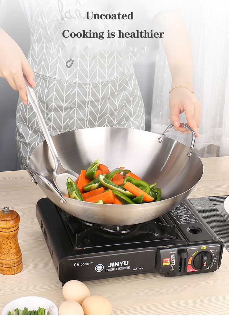 Thickened Stainless Steel Non Stick Chinese Wok Double Ear Non Coating Round Bottom