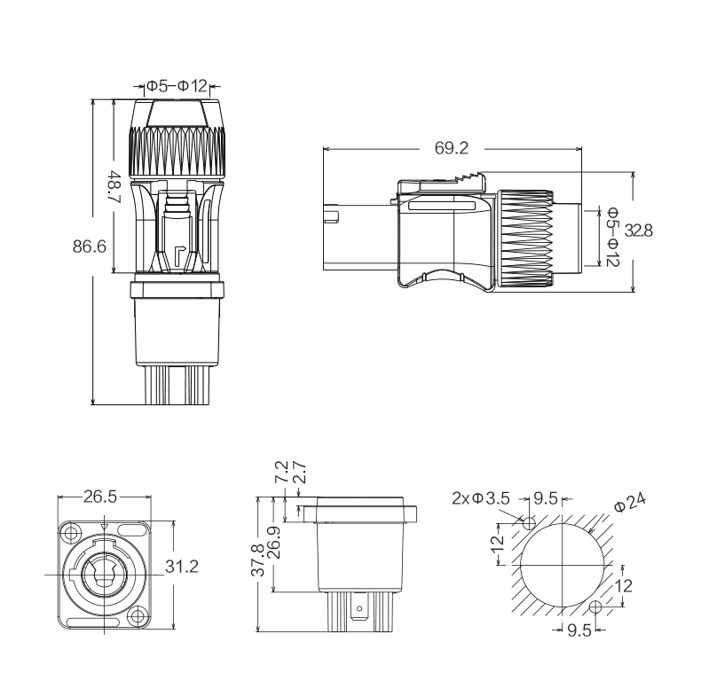 M24 YF-24 3 Pin Socket Plug IP68 Powercom Outdoor Cnlinko Male Waterproof Connector