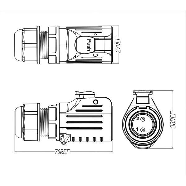 LP20 2-Core 20A IP67 Waterproof Power Connector Metal Plastic Panel Mount
