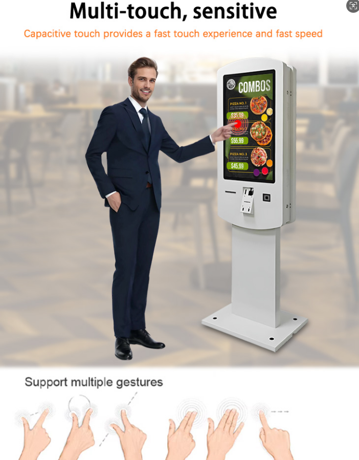 32 inch Indoor Double Sided PCAP Self Order Kiosk Built-in NFC QR Scanner Printer POS holder