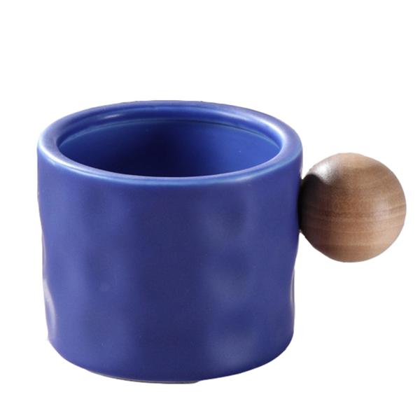 Custom Logo Creative Blue Ceramic Mug With Wooden Handle Samples Offered