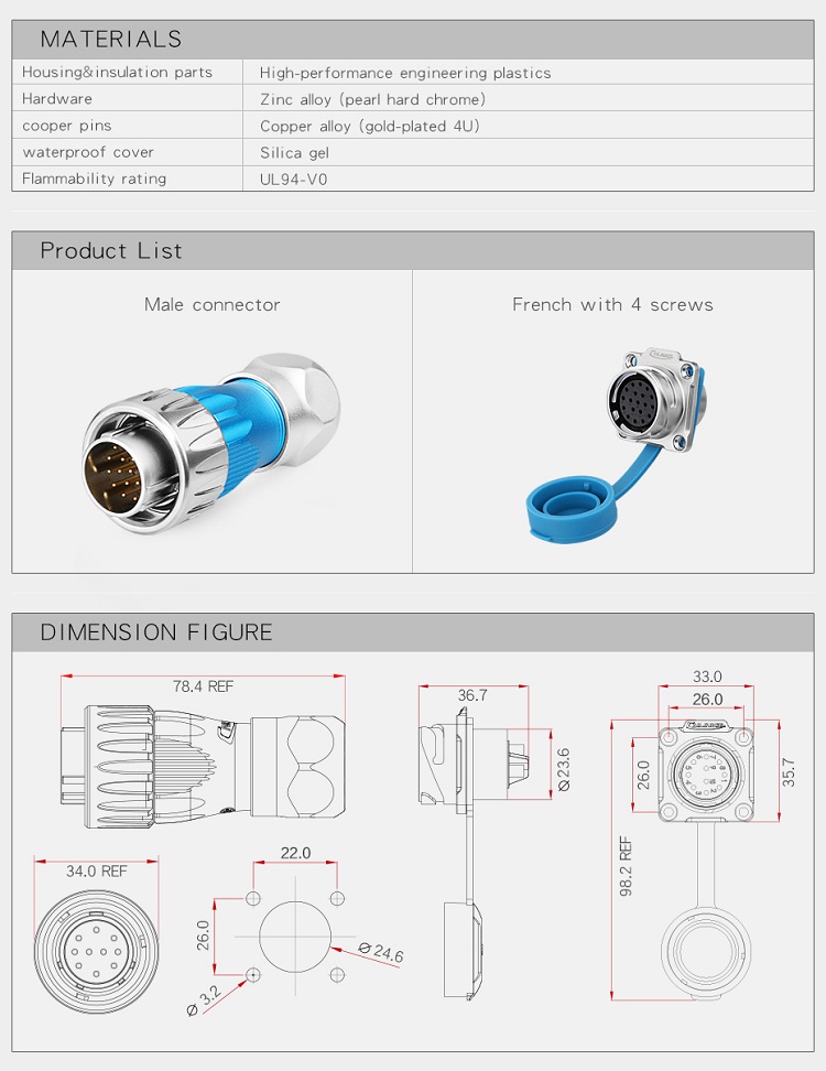 CNLINKO Industrial High Current Solar Battery Waterproof Rotary Power 220vac Male Female Plug Socket 4 Pin IP68 Connector