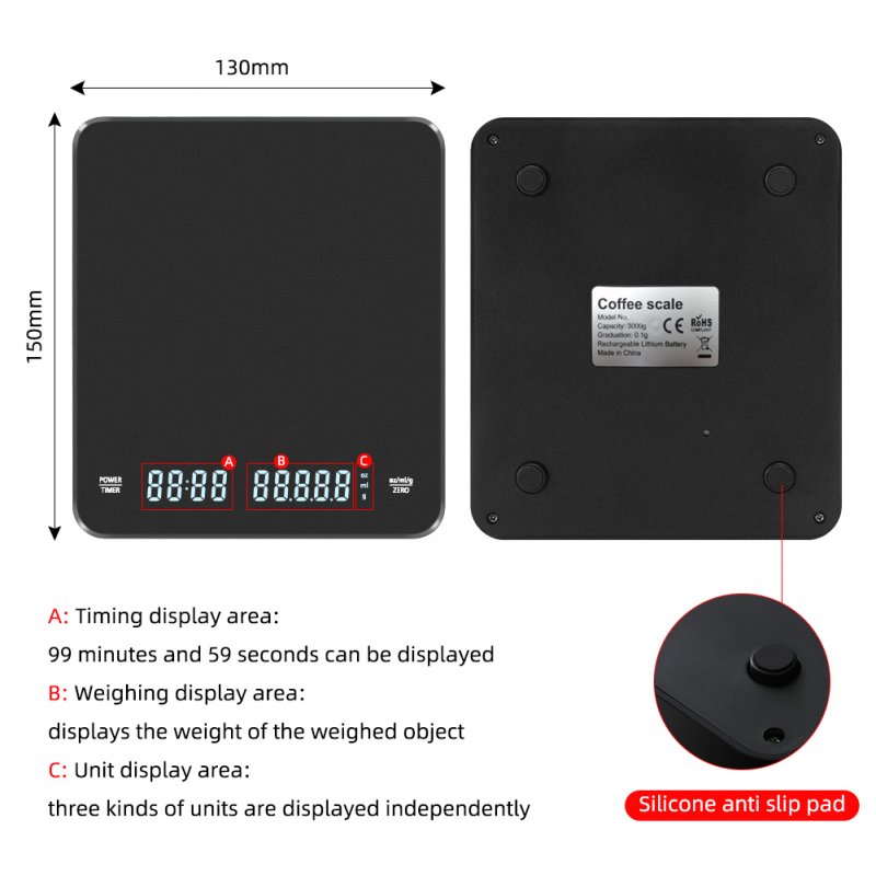 High Precision 0.1g Accuracy 3000g Capacity Coffee Scale with USB Charge and Digital Timer for Kitchen Use