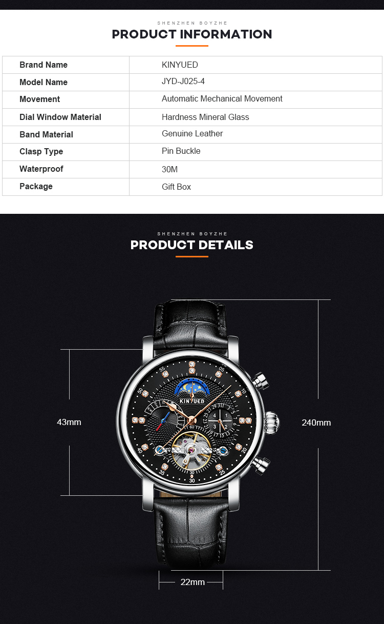 KINYUED Men Luxury Brand Wrist Watch Strap Mechanical Automatic Moon Phase Watch Relojes