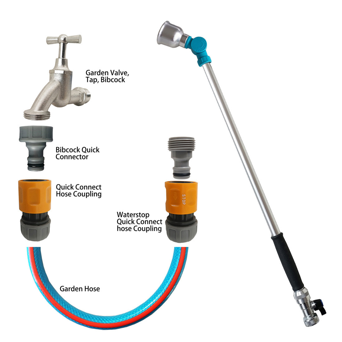 Metal Soft Rain Spray Water Hose Wand W/ Adjustable Angle & Ball Valve