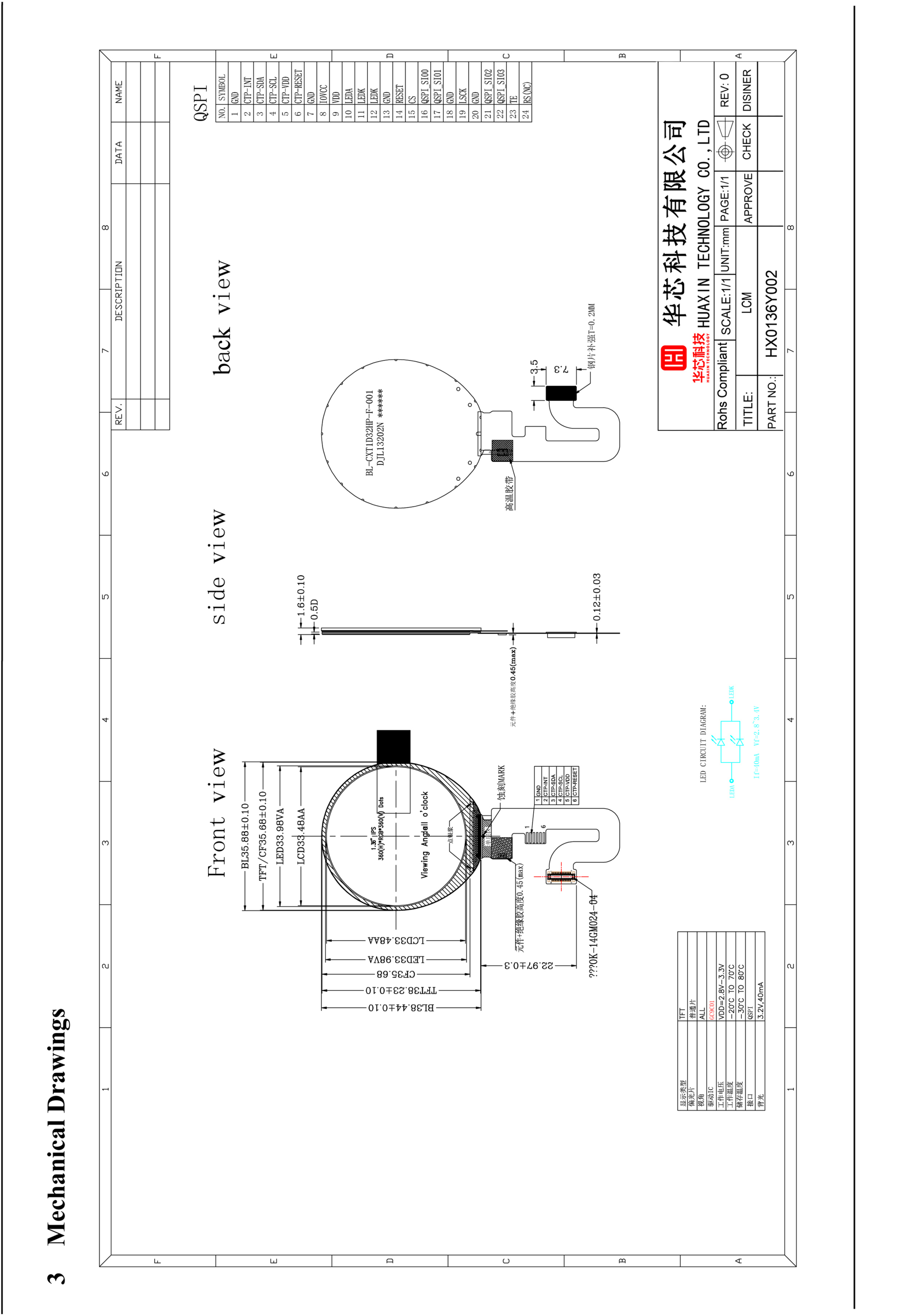 1.36 Inch Round TFT Display 360X360 Resolution QSPI Interface Driving IC GC9C01 400C/D brightness