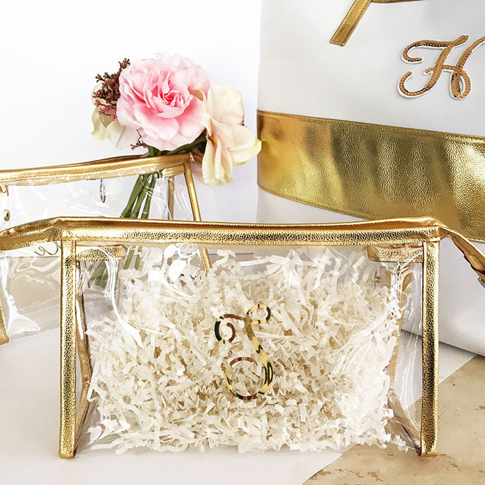 Personalized Clear See-Through Cosmetic Bags Transparent/Gold Travel Pack