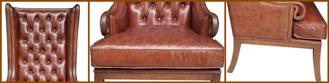 Solid Hand Carved Tufted Antique Leather Armchairs High Wing Back Single Seat