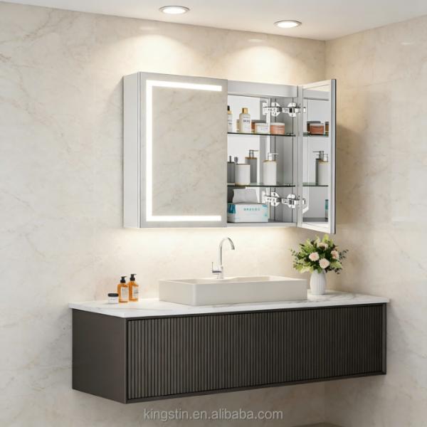 Kingstin Illuminated Bathroom Mirror Cabinet with Multi-Layer Glass Shelves LED Border Lighting Water-Resistant Wall-Mounted