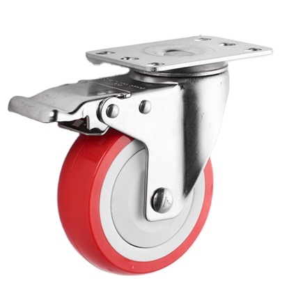 Double Ball Bearing Medium Duty Waterproof Stainless Steel Red PU Casters Wheel