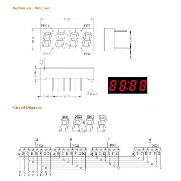 0.25 Inch 4 digit LED Seven Segment Clock Display