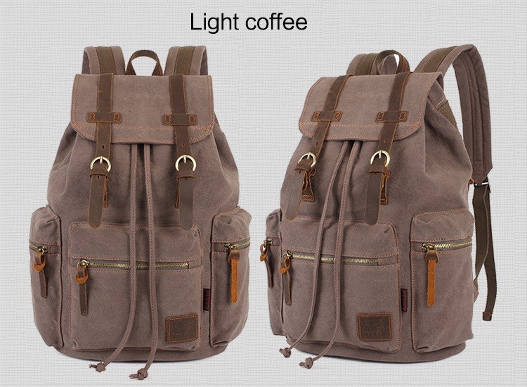 Large Travel Hiking Drawstring Canvas Leather Backpack Women'S Unisex