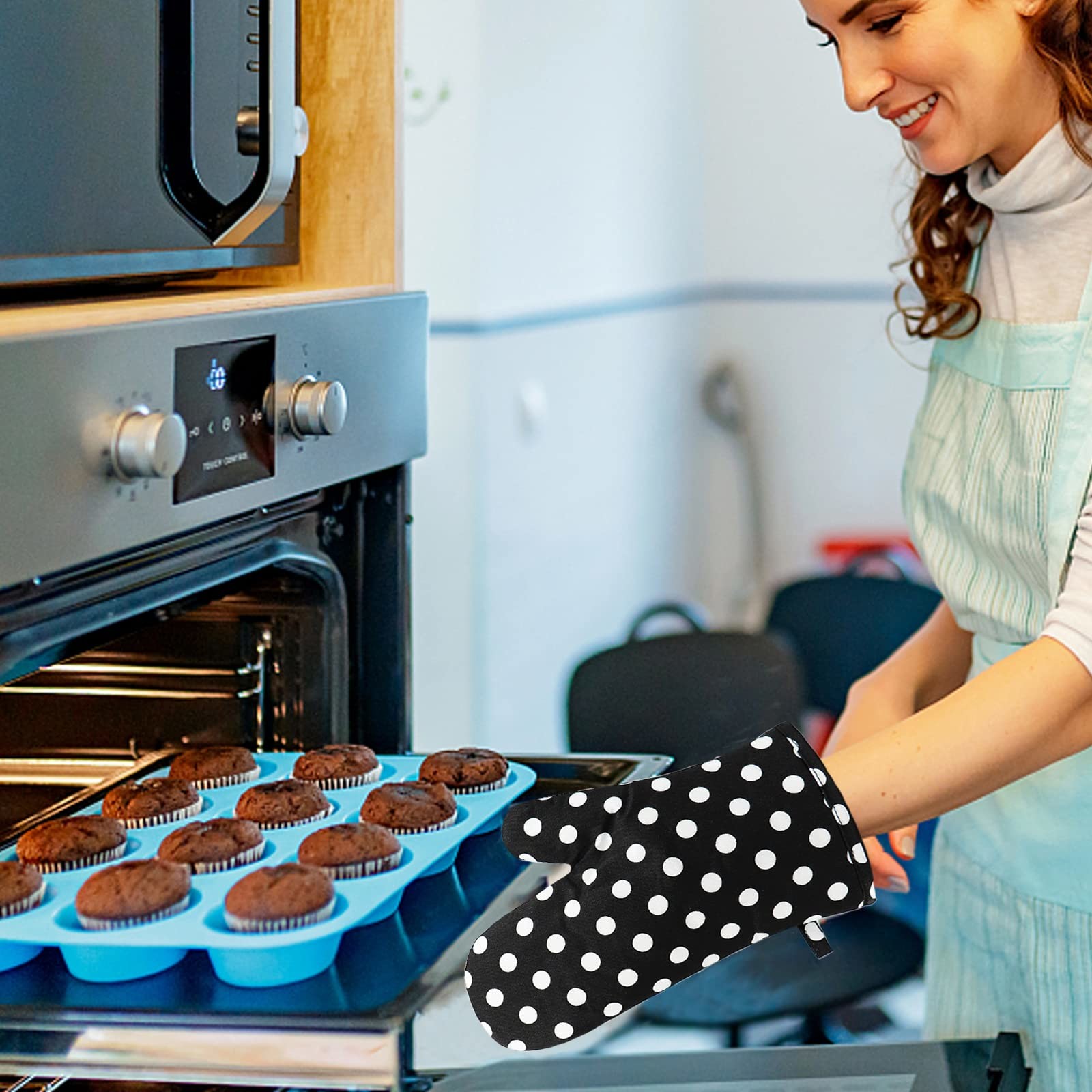Oven Mitts Oven Gloves BBQ Gloves Silicone Thickened Cotton Double Layer Design Non-Slip Textured Grip Baking Gloves