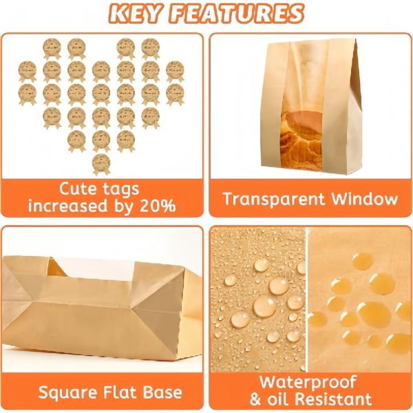 Durable Bread Packaging Paper Bags Bakery Product Packaging Tear Resistant With Ties