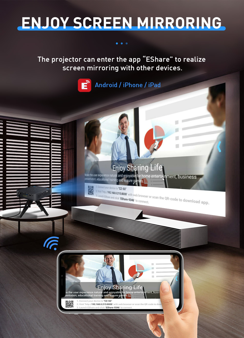 Flyin P15 1080P Full HD DLP Projector Portable WIFI Android 9 IOS Home Theater 4K Auto 3D Stereo Built-in 4-hour Battery Manual focus