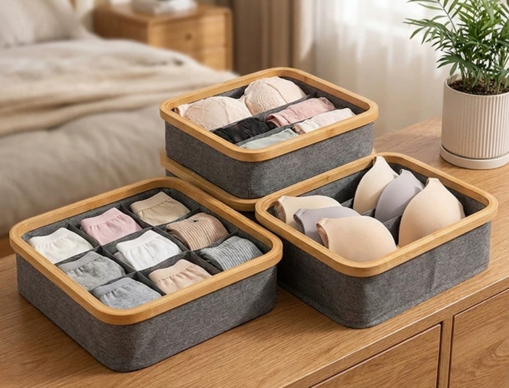 Stackable Foldable Bamboo Storage Basket Wardrobe Organizer For Bras And Socks