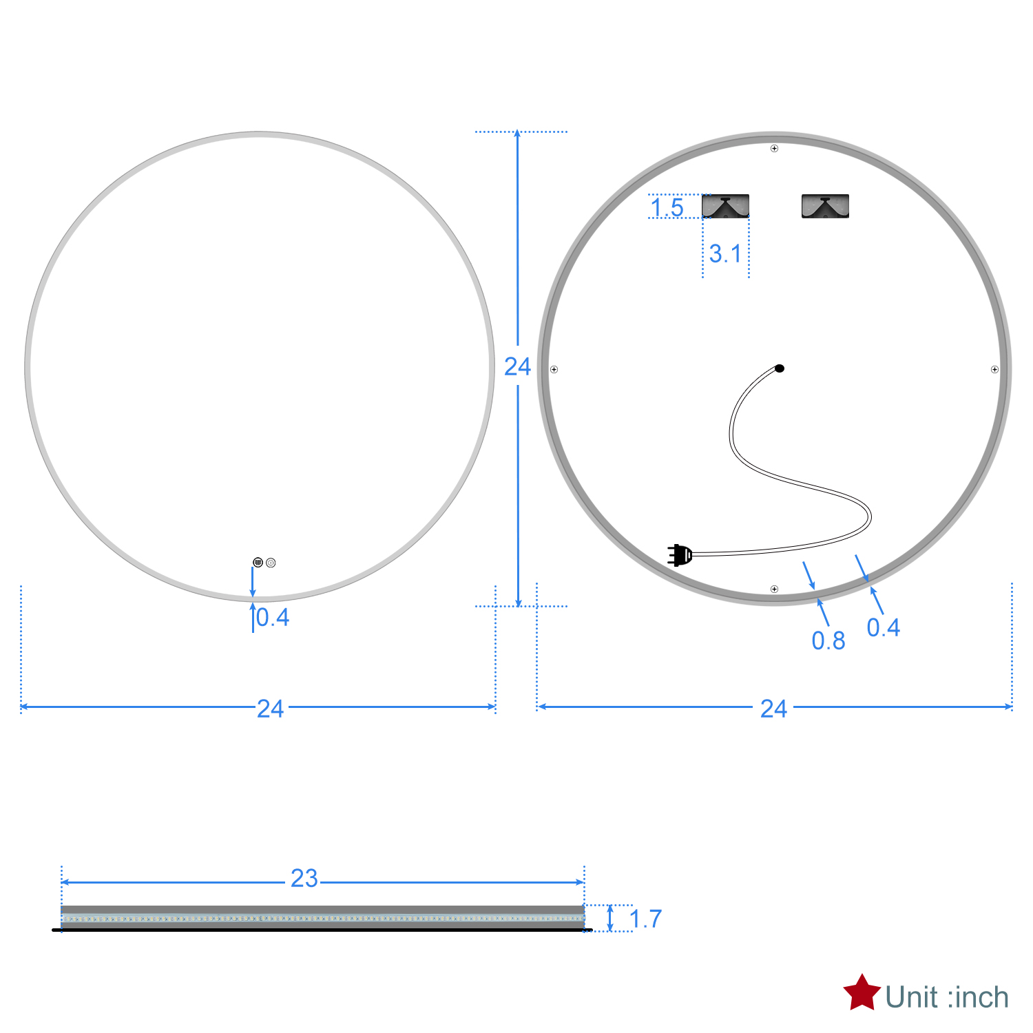 12V LED Round Bathroom Mirror Customized Lighted Smart Mirror 5mm With Warm White Yellow Light