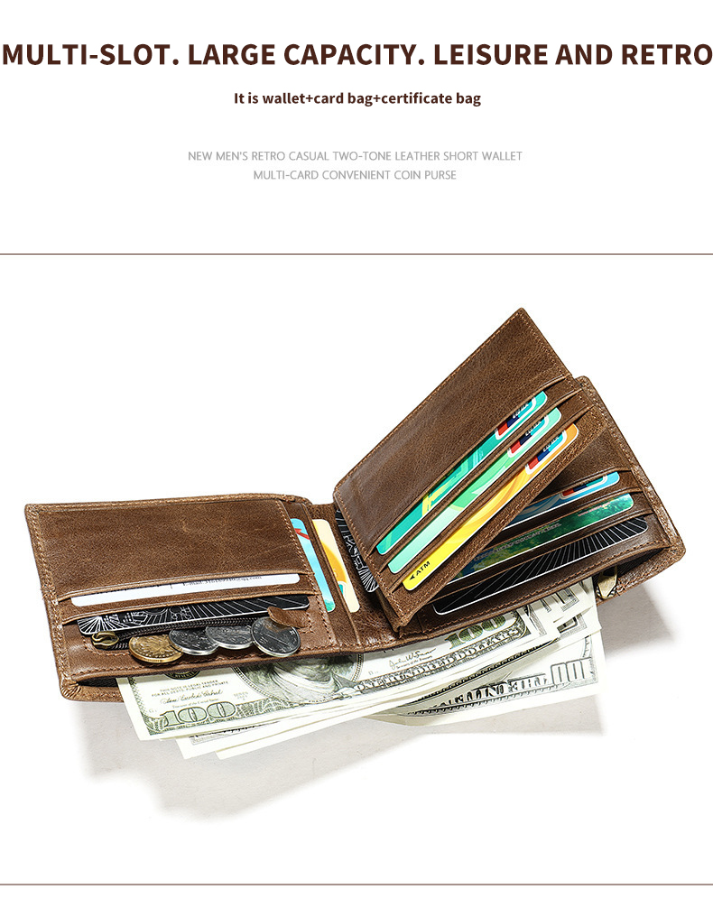 Custom Logo Men's Genuine Leather Bifold Wallet with RFID Protection and Card Holders