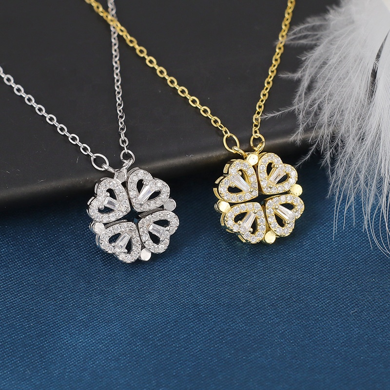 Hot Selling Clover Heart Necklaces Customize Women Gold Plated Stainless Steel Diamond Leaf Four Love Hearts Pendant Necklace
