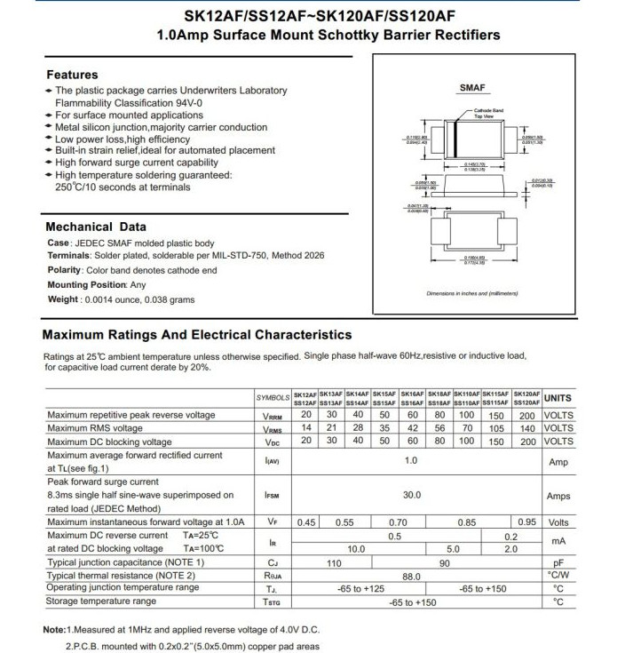 Quality 1A Ss12f Thru Ss120f Schottky Barrier Rectifier Diode Smaf Package for sale