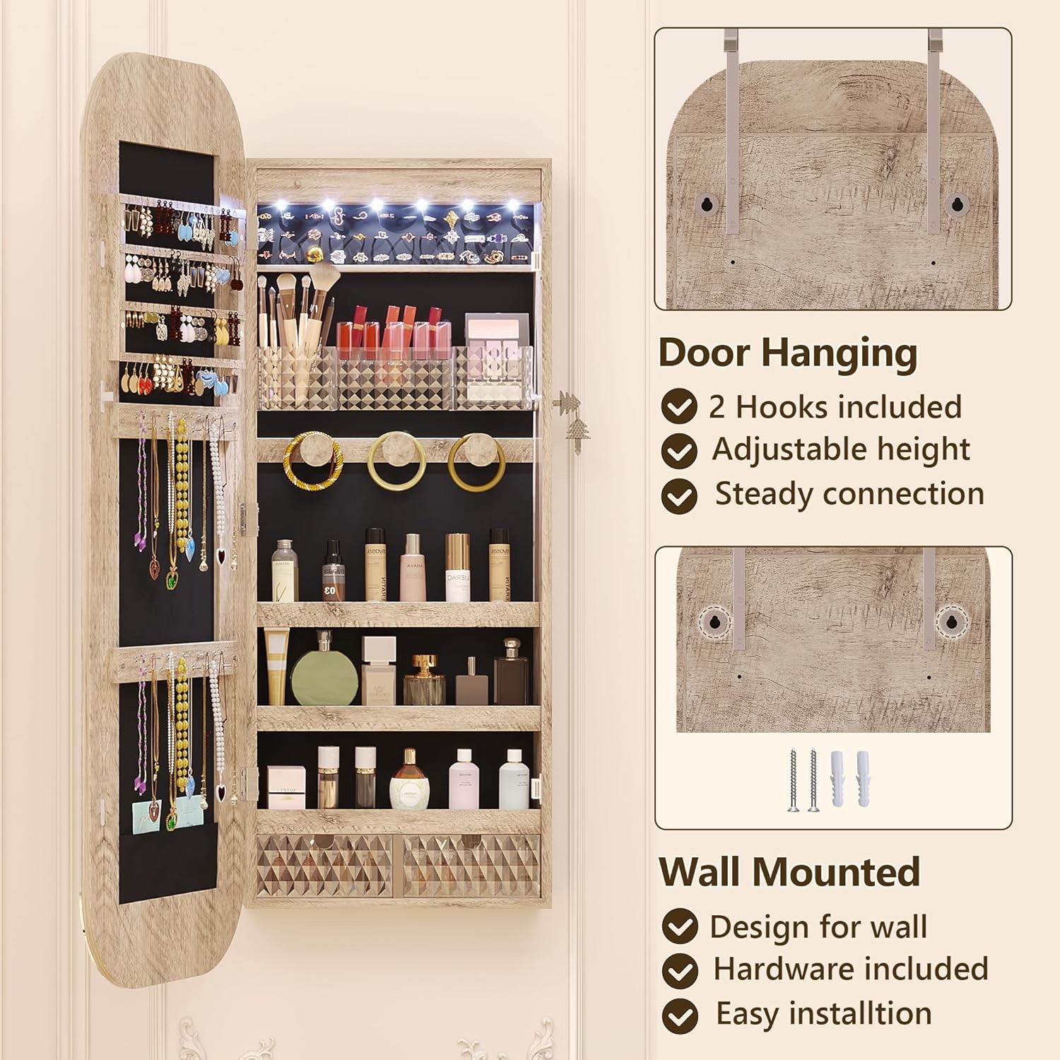 Modern Jewelry Armoire Mirror with LED Lights and Storage