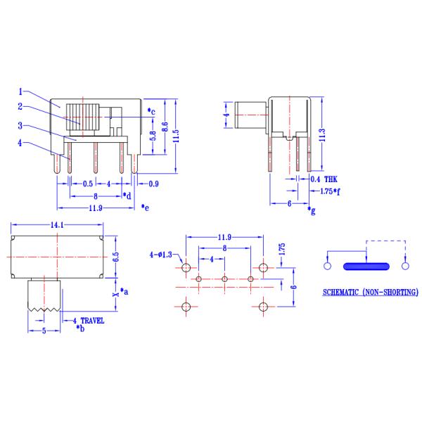 Slide Switch，DPDT Through Pole 2P2T Sliding Switch,Horizontal side dial push switch, interruptor on-off toggle Switch