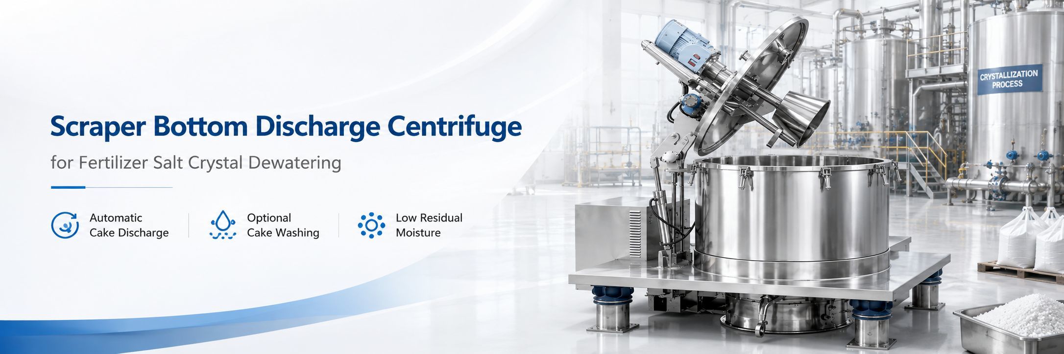 Scraper Bottom Discharge Centrifuge for Fertilizer Salt Crystal Dewatering