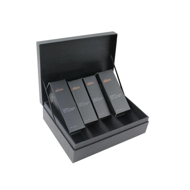 Black Magnetic Lid Cosmetic Gift Boxes For Luxury Skincare Product Sets Packaging