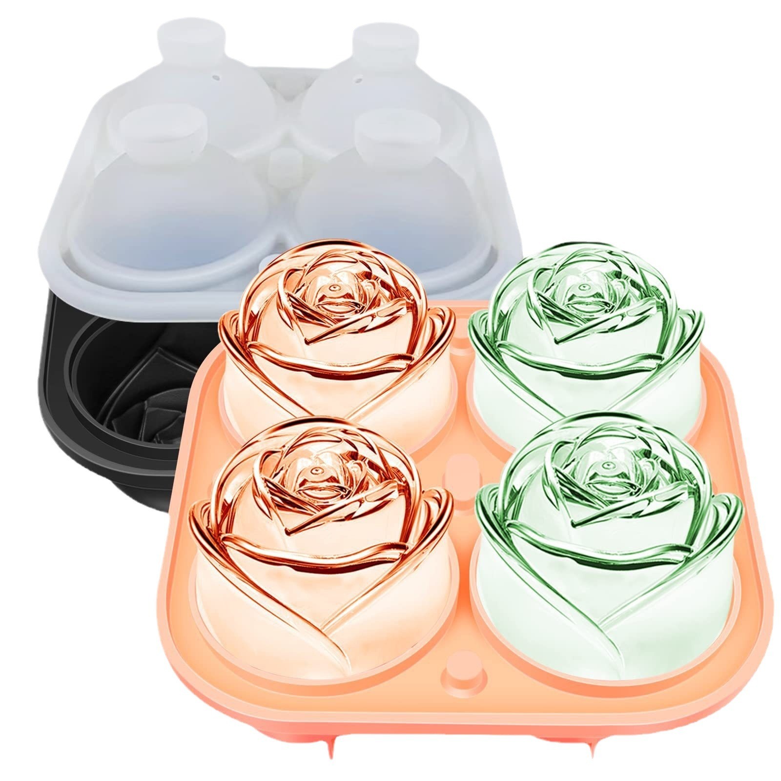 Rose Ice Cube Mold,Bongpuda Silicone Ice Cube Tray,4 Cavity Silicone Rose Ice Ball Maker,Easy Release,For Chilling Cocktails, Whiskey, Bourbon And