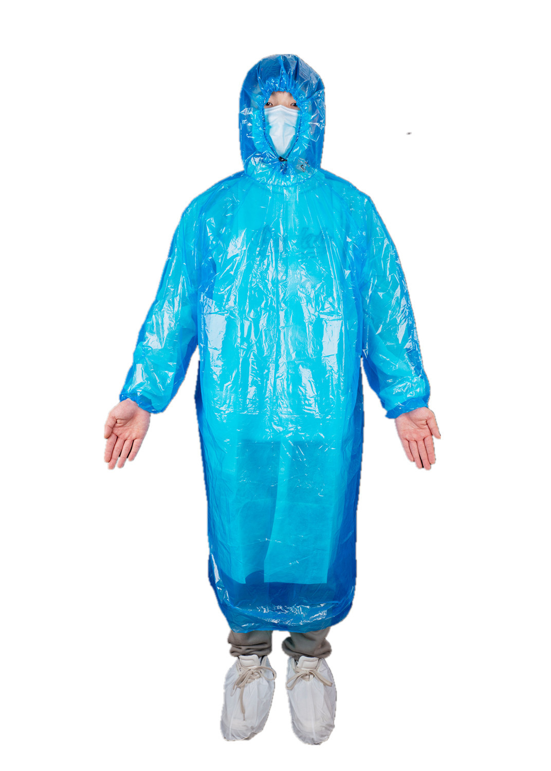 Quality Disposable Transparent PE Raincoat With Long Sleeves And Drawstring Hood for sale