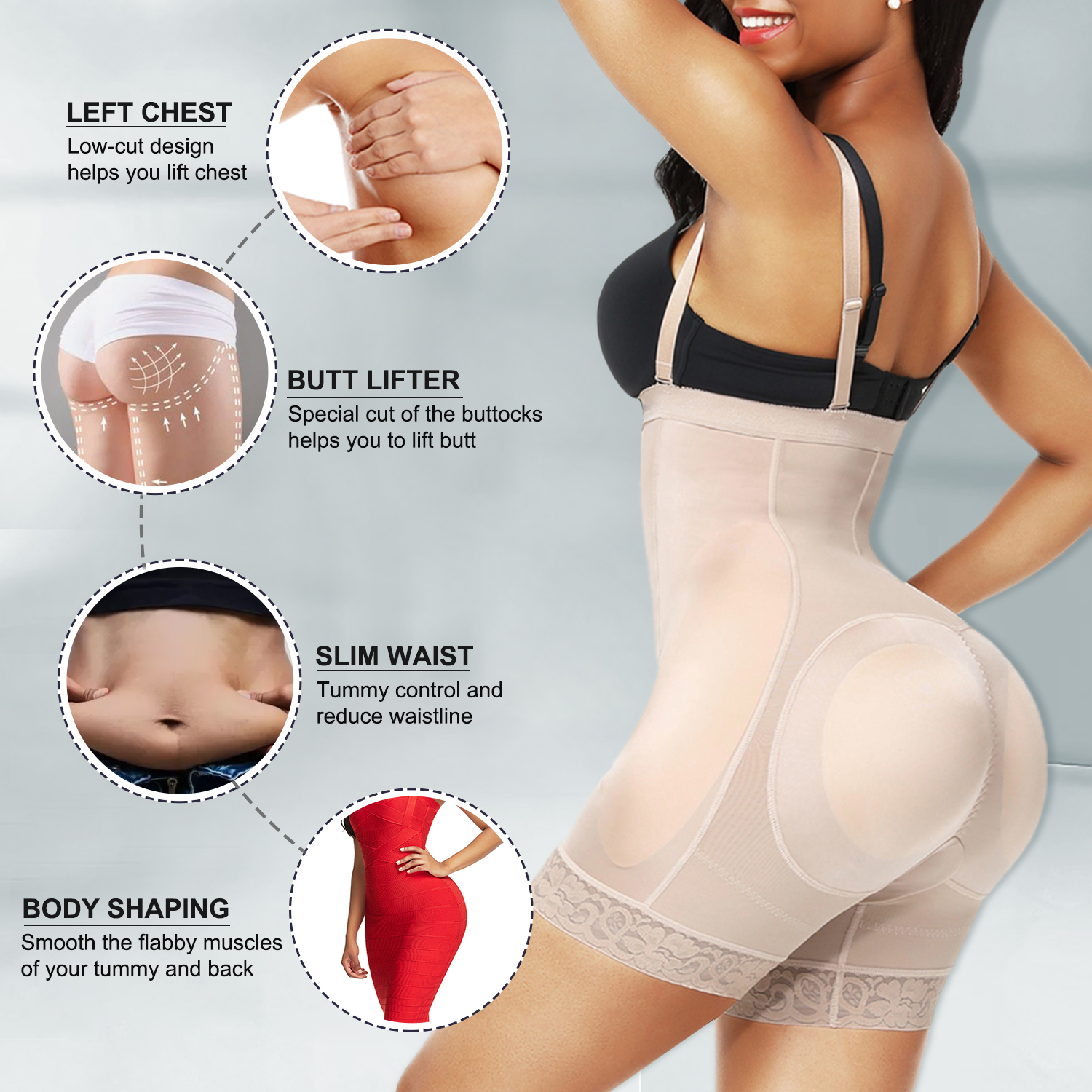 Medium Control Spandex/Nylon Hip Padding Tummy Control Shapewear for Women