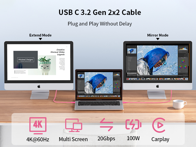 PD Fast Charging USB C 20Gbps Cable Nylon Braided Pink USB C Cable 4K HDR Video Display