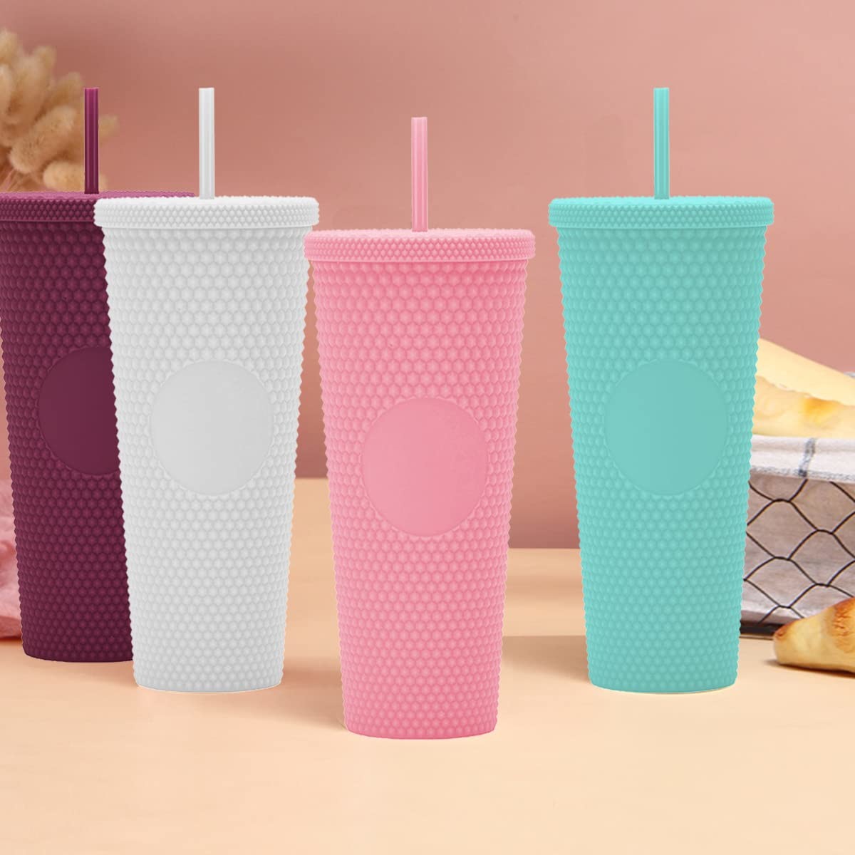 DIY Studded Tumbler With Lid And Straw Reusable Plastic Acrylic Cup Double Walled Iridescent Travel Tumbler For Iced Coffee Cold Water Smoothie Wide