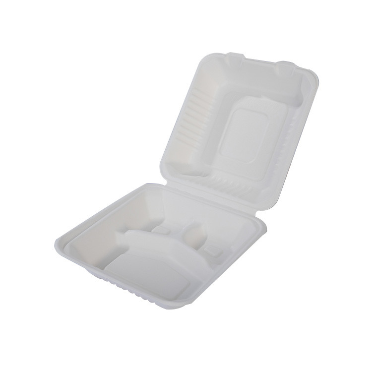 8 Inch Biodegradable Sugarcane Bagasse Clamshell 3 Compartment Disposable Lunch