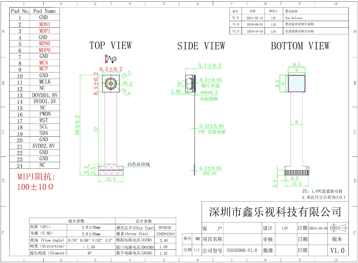 OV5648 5MP CMOS Camera module Full HD Video Output 2592 x 1944 Resolution 720P 60fps VGA 90fps Compact Camera Module