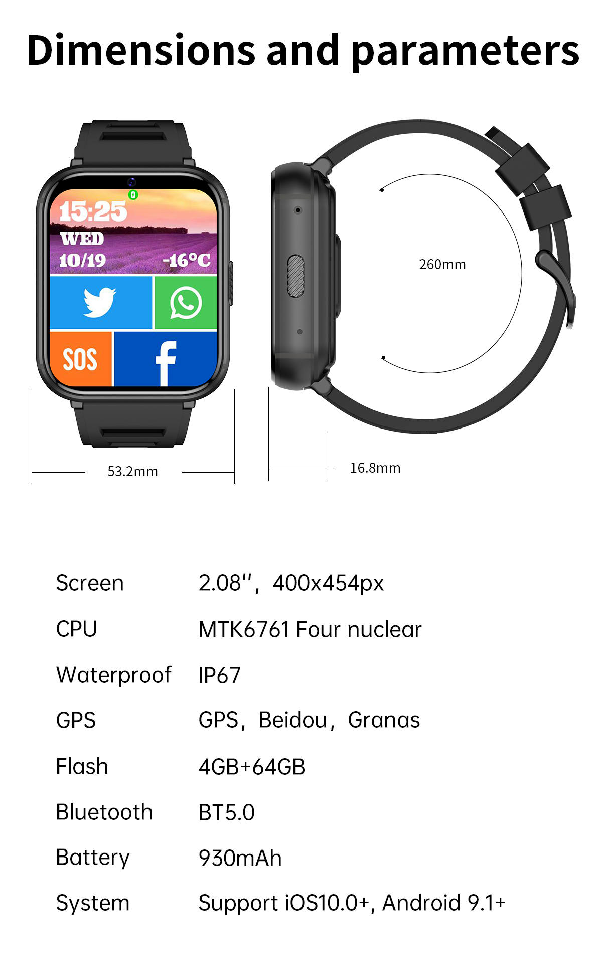 Q668 4G Smart Watch 1.99 Inch IPS Screen 930mAh Battery Android 9.0