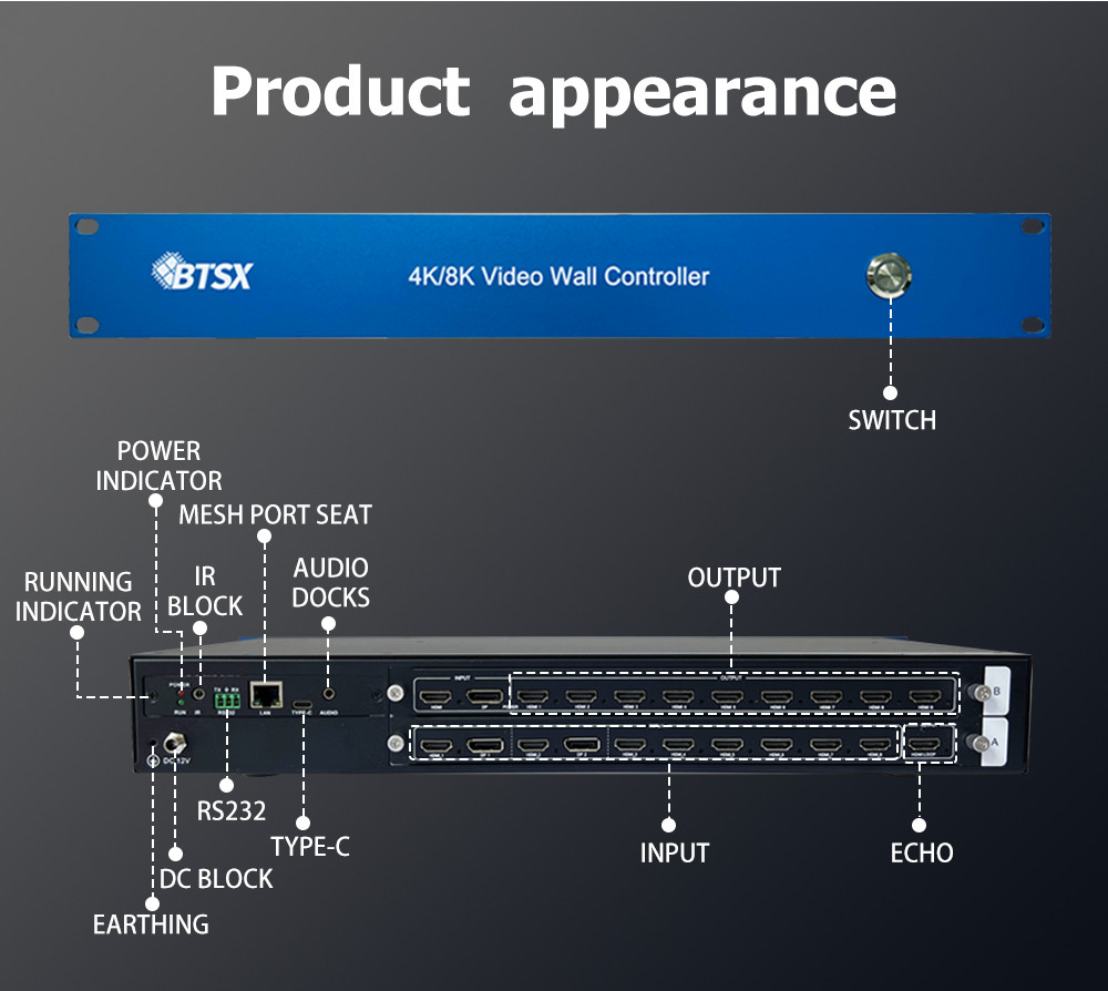 2x2 3x2 Video Wall Matrix Controller 4K60 8 in 9 Out Video Wall Controller Rs232 HDMI/DP Network Web Control