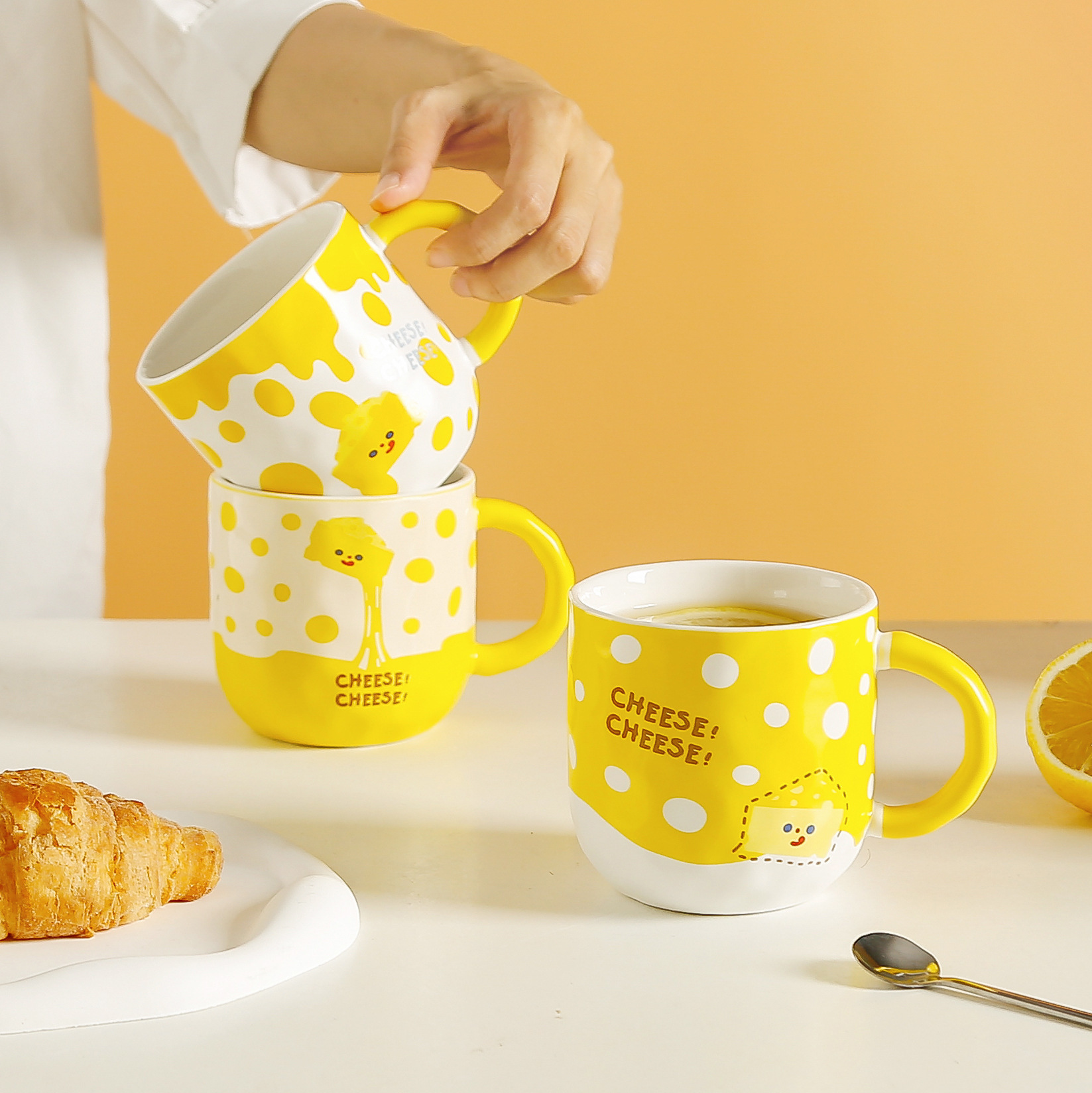 Cute cheese cartoon ceramic cup couple student drinking cup creative flower mug office coffee cup
