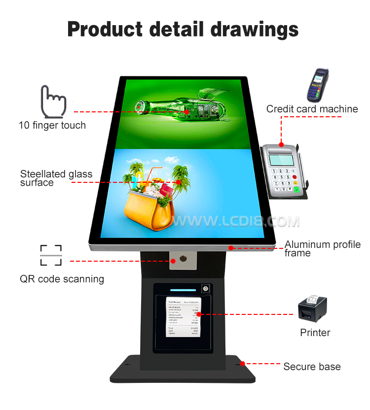 Restaurant Wall mounted Self-service Payment Kiosk 21.5" Android 11.0 Touch Screen - All-in-One with Thermal Printer & QR Scanner