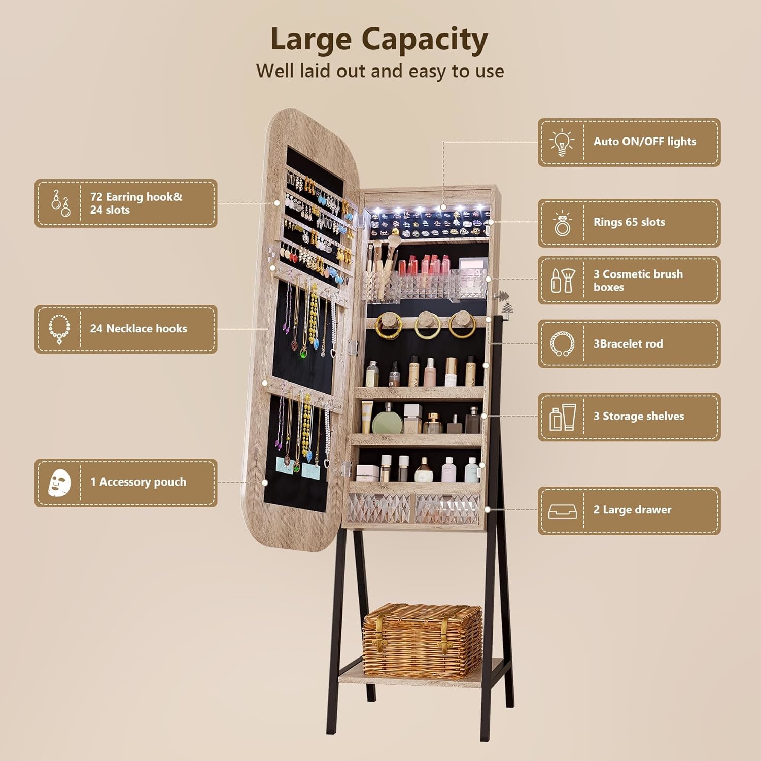 Modern Jewelry Armoire Mirror with LED Lights and Storage