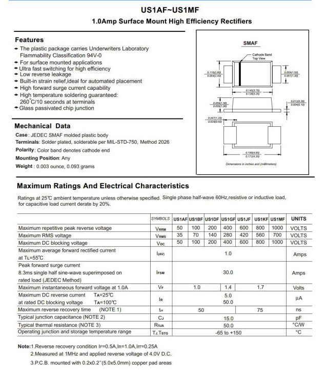 Quality 1A Us1af Thru Us1mf High Efficiency Rectifier Diode Smaf Package for sale