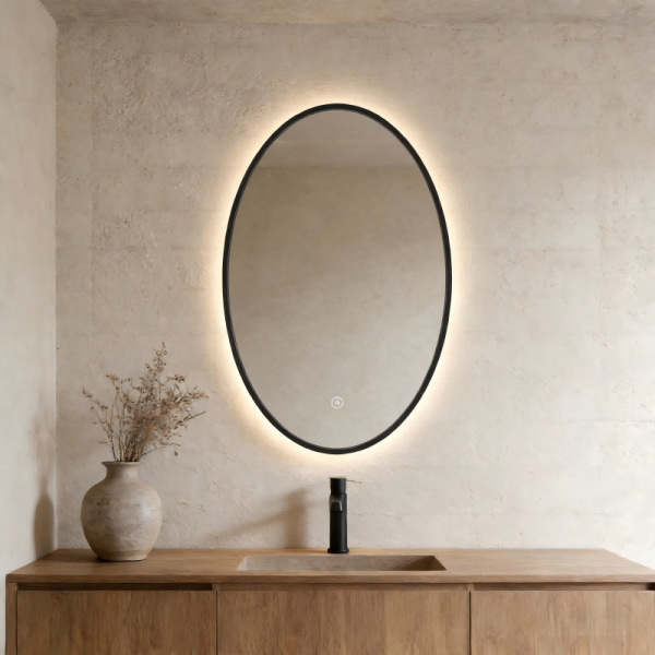 Kingstin Modern Black Frame LED Mirror - Dimmable Backlight Anti-Fog for Bathroom & Dressing Room